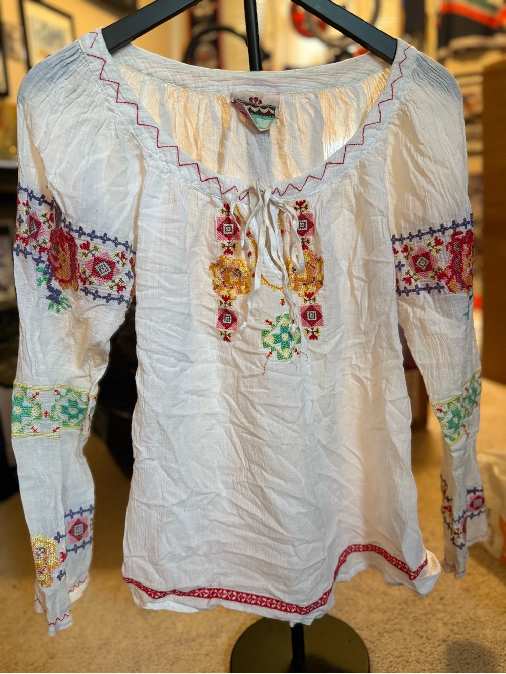 Cake creations White Embroidered Peasant Blouse, Multicolor Floral Stitching